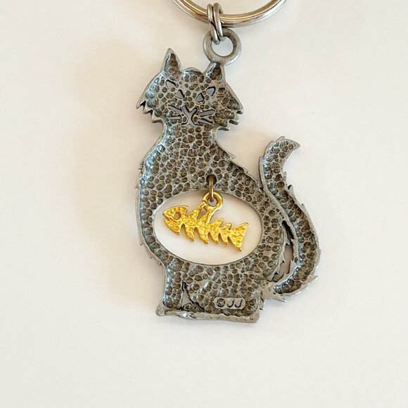 Vintage JJ Jonette Cat Keychain w Gold Fish Charm Silver & Gold Tone - Picture 3 of 6